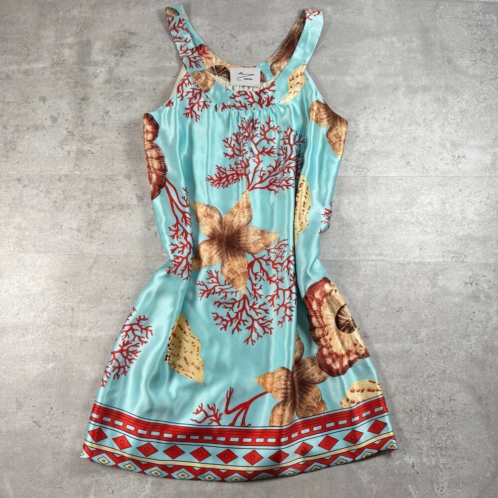 Weezel London silk sleeveless dress sea shell and starfish print mini dress